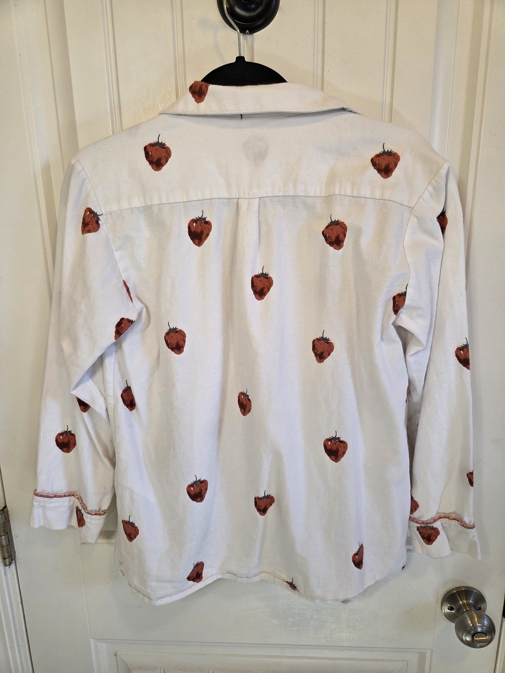 White Strawberry Print Button Down Collared Shirt With Front Pocket Charm - Picture 2 of 9